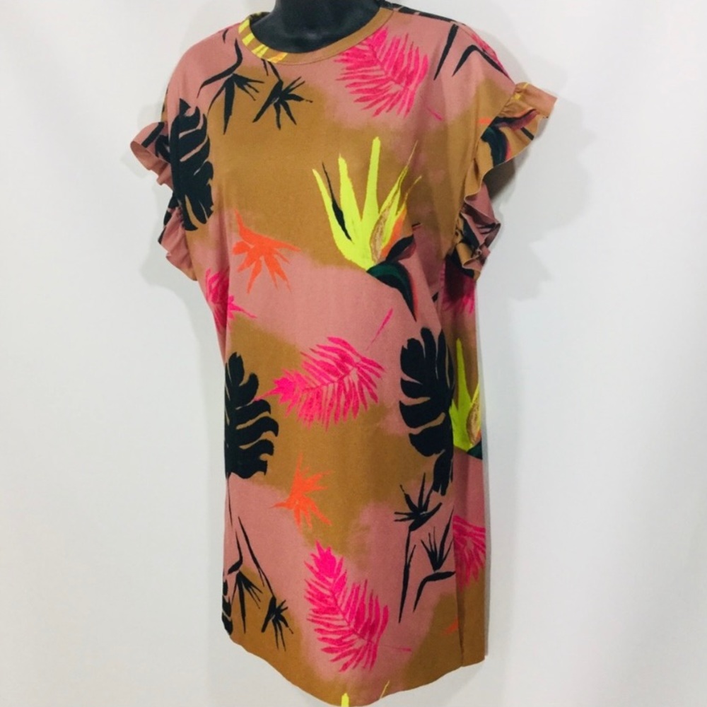 Zara ruffle sleeve tropical print shift dress